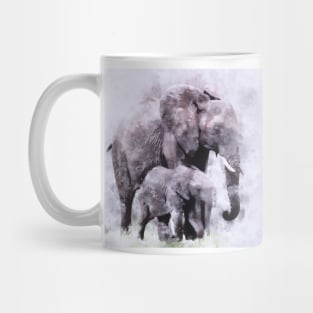 African Elephants with baby elephant calf - Watercolor Mug